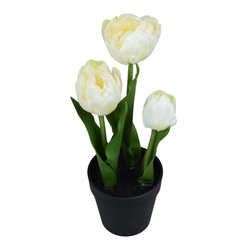 Tulipan w doniczne 28 cm sztuczny biały w czarnej doniczce