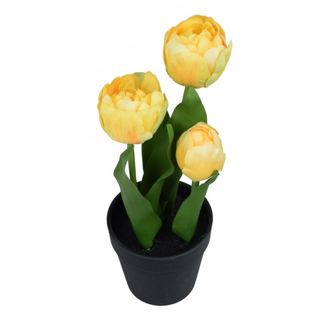 Tulipan w doniczce 28 cm sztuczny żółty w czarnej doniczce