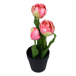 Tulipan w doniczce 28 cm sztuczny różowy w czarnej doniczce