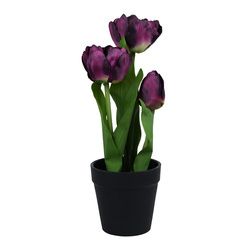 Tulipan w doniczce 28 cm sztuczny fioletowy w czarnej doniczce