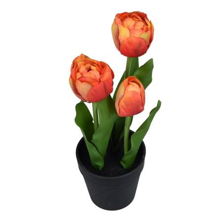 Tulipan w doniczce 28 cm sztuczny pomarańczowy w czarnej doniczce